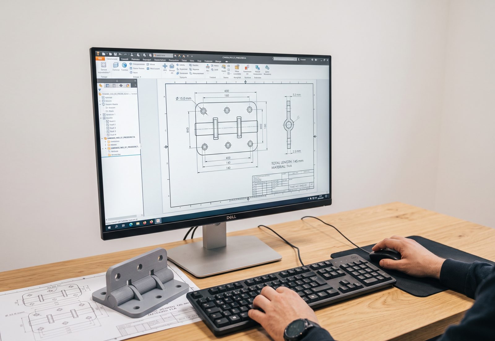 Rysunek techniczny części stalowej na ekranie CAD obok wydrukowanego prototypu